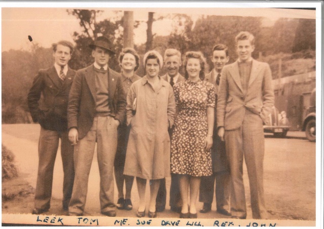 Lillian Laidlaw, sixth from the left, with fellow Auckland University architecture students Leek, Tom, Dorothy Gawith (Dot Mahon), Sue Sharpe (Susanne Priest), Dave, Rex and John. Image supplied to Lucy Treep and A+W NZ by the Mahon family.