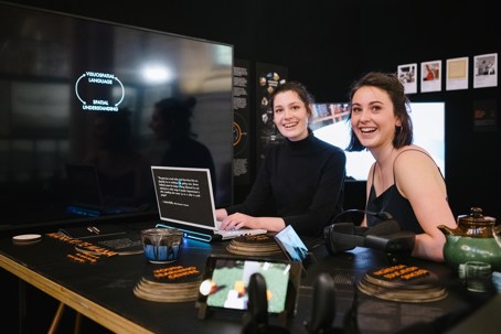 Mitra Homolja and Ellie Tuckey with their project 'A Mana ki te Mana Table'