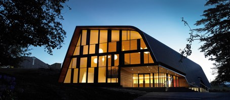Exterior at dusk, the Blyth Performing Arts Centre