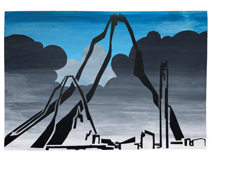 Rich’s high school screen print 'Paritutu and Power Station'.